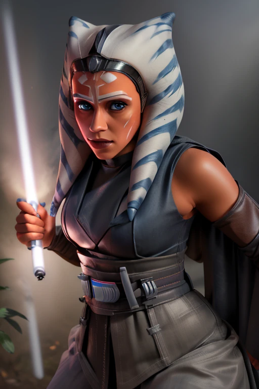 (best quality,ultra-detailed),(realistic:1.37),extremely detailed eyes and face,Ashoka Tano,beautiful detailed eyes,beautiful detailed lips,graceful posture,Ashoka fighting stance,Ashoka's blue lightsaber,Ashoka's Jedi robe,lightsaber duel,Star Wars universe,saber skills,battle of light and dark,dramatic composition,action-packed,force powers,master and apprentice,dangerous encounter,Darth Vader's imposing figure,eerie atmosphere,powerful force,red lightsaber,conflict of good and evil,force choke,The Force,Ashoka's determined expression,Ashoka's face scar,high-intensity battle,emotional confrontation,intense energy,Ashoka's lekku head-tails swaying,surrounded by darkness,dynamic lighting,blue and red light,clashing sabers,motion blur,explosive impact,sparks flying,creative visual effects,thrilling and immersive,Ashoka's strength and bravery,Ashoka's heroism,Ashoka's growth and development,deep connection with the Force,breathtaking artwork,Star Wars fans' delight,genre-blending masterpiece.