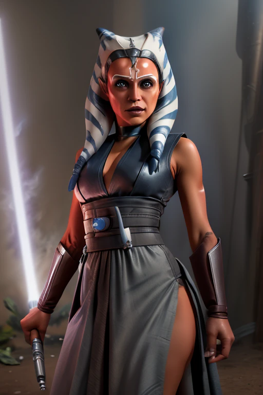 (best quality,ultra-detailed),(realistic:1.37),extremely detailed eyes and face,Ashoka Tano,beautiful detailed eyes,beautiful detailed lips,graceful posture,Ashoka fighting stance,Ashoka's blue lightsaber,Ashoka's Jedi robe,lightsaber duel,Star Wars universe,saber skills,battle of light and dark,dramatic composition,action-packed,force powers,master and apprentice,dangerous encounter,Darth Vader's imposing figure,eerie atmosphere,powerful force,red lightsaber,conflict of good and evil,force choke,The Force,Ashoka's determined expression,Ashoka's face scar,high-intensity battle,emotional confrontation,intense energy,Ashoka's lekku head-tails swaying,surrounded by darkness,dynamic lighting,blue and red light,clashing sabers,motion blur,explosive impact,sparks flying,creative visual effects,thrilling and immersive,Ashoka's strength and bravery,Ashoka's heroism,Ashoka's growth and development,deep connection with the Force,breathtaking artwork,Star Wars fans' delight,genre-blending masterpiece.