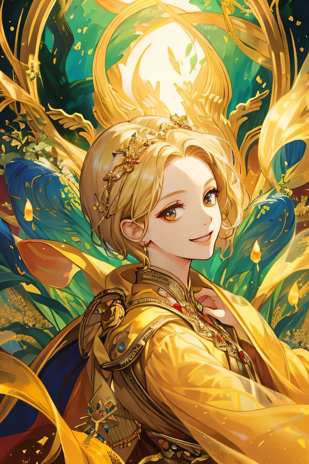 (masterpiece), best quality, expressive eyes, yunani saintess dress style painting of beautiful, golden long dress, lush and haunting background, blonde short hair, golden eyes, smile mouth,