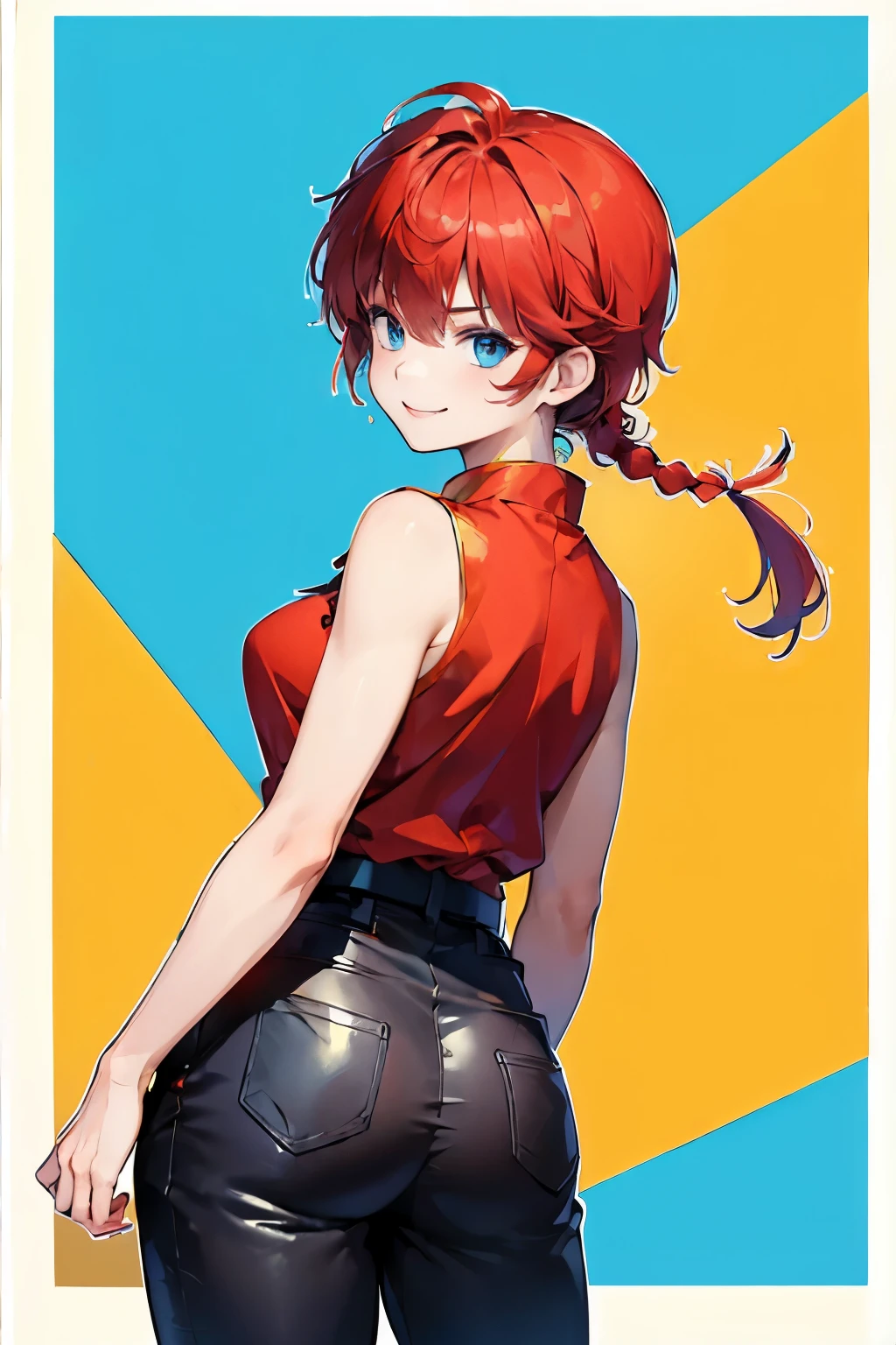 ((masterpiece:1.4)), high quality, very_high_resolution, large_filesize, full color, heavy outline, clear outline, colorful, (beautiful detailed eyes), ((beautiful face:1.0)), ((boyish face:1.4)), 1 girl, (femaleranma), (red hair), short hair, (braided ponytail), ((bangs)), bumpy bangs, blue-gray eyes, big breasts, curvy, femaleranma, braided ponytail, (red chinese clothes), sleeveless, tangzhuang, black pants, standing, ((cowboy shot:1.4)), ((from behind:1.4)), smile,