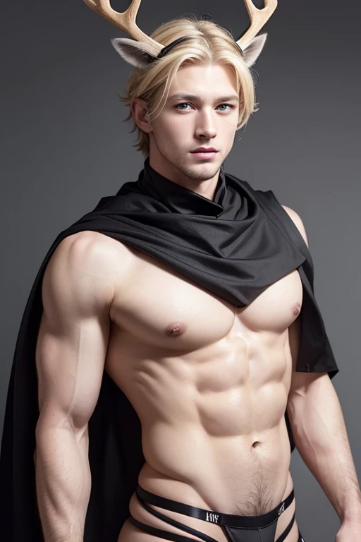 Caucasian man,  thin nose, thin lips, blue eyes, blonde hair, deer horn on his head, jock putfit, young handsome face, best quality,masterpiece,Ultra high detail,A handsome muscular man, deer horn on his head, topless, black micro thong, with black cloth, black transparent cloth in background, realistic,Grey background,