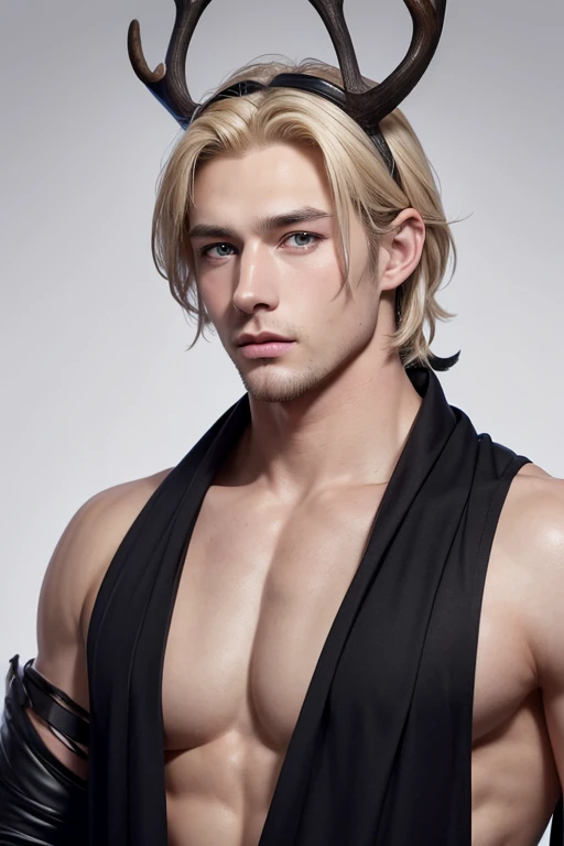 Caucasian man,  thin nose, thin lips, blue eyes, blonde hair, deer horn on his head, jock putfit, young handsome face, best quality,masterpiece,Ultra high detail,A handsome muscular man, deer horn on his head, topless, black micro thong, with black cloth, black transparent cloth in background, realistic,Grey background,
