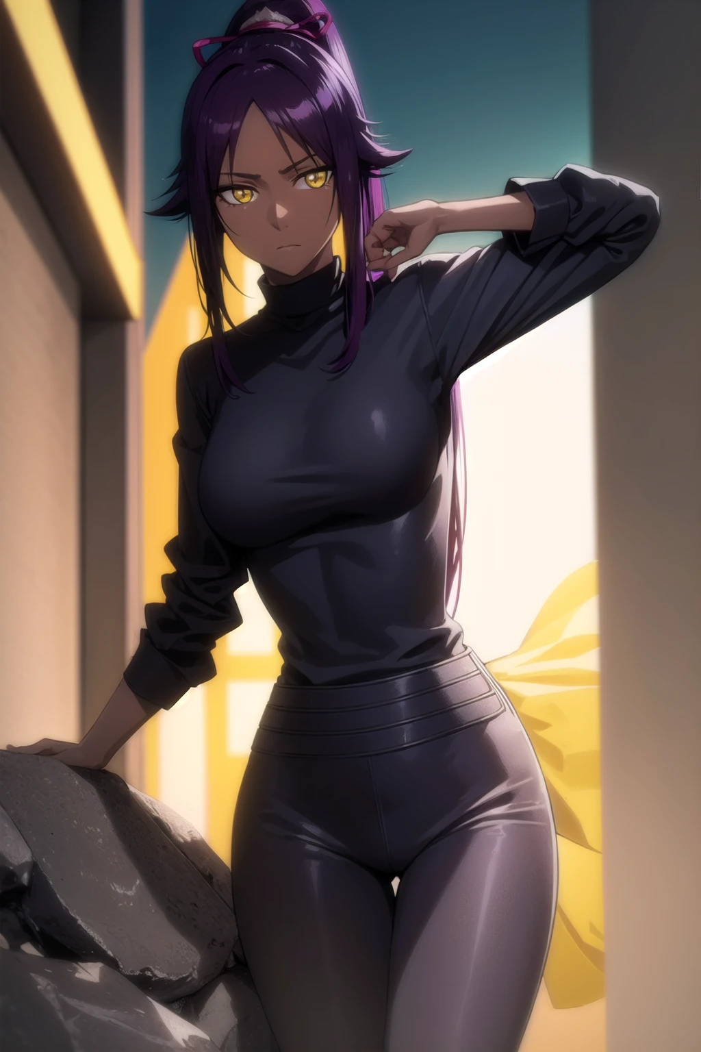 yoruichishihouin, yoruichi shihouin, long hair, (yellow eyes:1.5), ponytail, purple hair, dark skin, dark-skinned female,
BREAK bodysuit, black bodysuit, bodysuit under clothes, (black shirt:1.5), long sleeves,
BREAK outdoors,
BREAK looking at viewer, (cowboy shot:1.5),
BREAK (masterpiece:1.2), best quality, high resolution, unity 8k wallpaper, (illustration:0.8), (beautiful detailed eyes:1.6), extremely detailed face, perfect lighting, extremely detailed CG, (perfect hands, perfect anatomy), (dinamic poses)