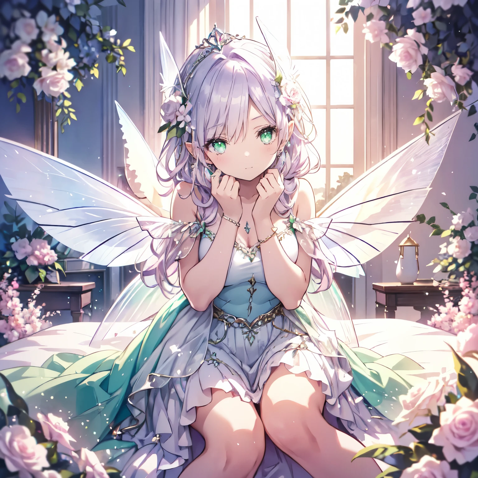 (highest quality, Very detailed, beautiful, Exquisite, 16k, Full HD), Looking down,(Sleep on your back,On the bed),((soft, Sparkly layered dress)),A large and beautiful dress inspired by rose flowers, Hanabubuki,The screen is surrounded by flowers,Frills,Decorated with rhinestones、Ball gown with intricate waves,(Art Station, Fantasy art:1.2), pastel colour,((Giant white fairy wings:1.5)),(fluffy hair,tiara,anklet,Long eyelashes, beautiful green eyes,Cheeks are pale pink,fluffy),Dazzling Light, Warm lighting,Bright light,Romantic light,Light purple hair,Glasses