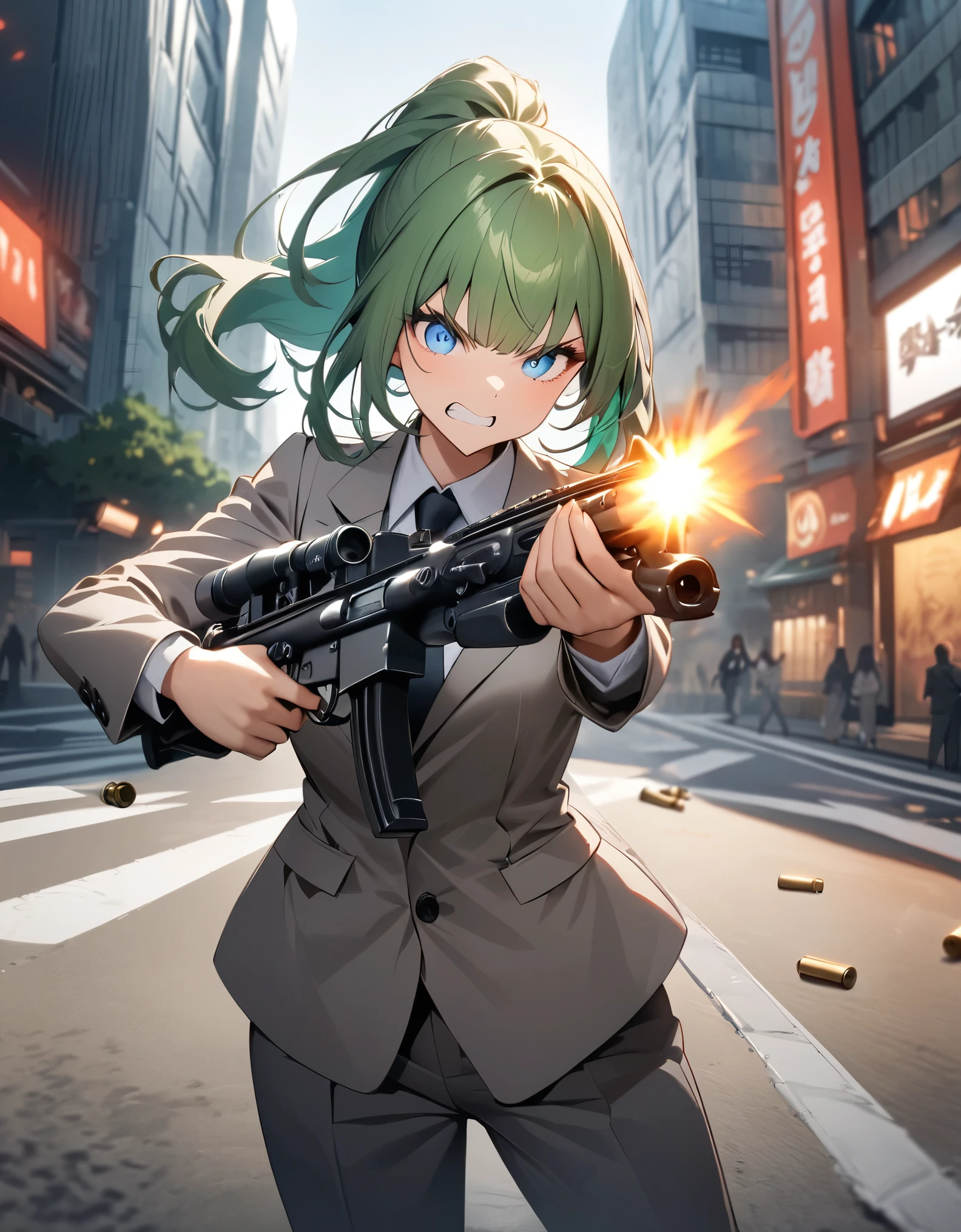 masterpiece, best quality, highres, 1girl, solo, solo focus, green hair, medium hair, ponytail, bangs, blue eyes, beautiful detailed eyes, beautiful detailed face, cute face. synergy, clenched teeth, warlike. light grey suit and tie, matching pants, slacks, black dress suits. dynamic action pose. tokyo city backdrop, outdoors. using and firing an assault rifle, shell casings coming from the rifle finger on trigger, perfect hand, perfect hand. cowboy shot. action atmosphere. gigantic bug alien monster behind her. 