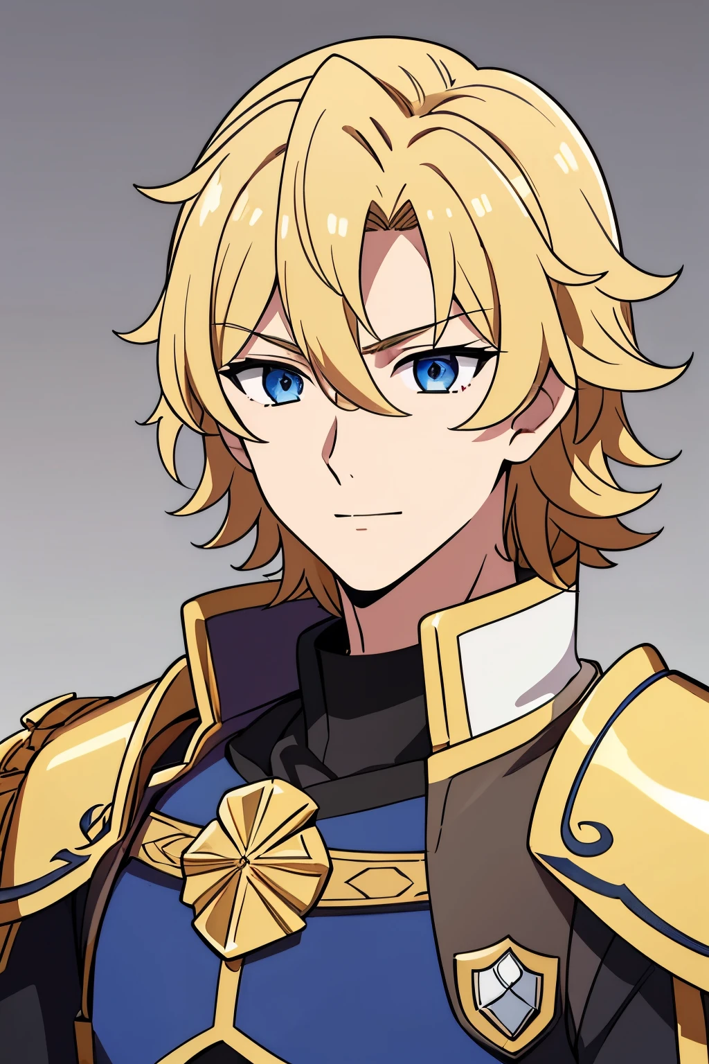 (high-quality, breathtaking),(expressive eyes, perfect face) 1boy, male, solo, portrait, young adult, age 18, Fire Emblem Awakening, Symmetrical Eyes, Fire Emblem, golden blonde hair color, short hair length, messy wavy hair, upper body, blue eyes, positive expression, charming smile, detailed eyes, blonde brown hair, narrow eyes, kind expression, cape, armor, gold trim, weapon, benevolent prince, grey background, detailed eyes
