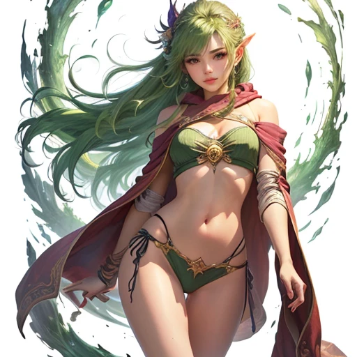 Final fantasy, Rydia, beautiful girl wearing skimpy robes, bare arms, bare legs, slender, pretty, crop top, exposed belly, in a temple scene, glowing magical orbs, swirling ether