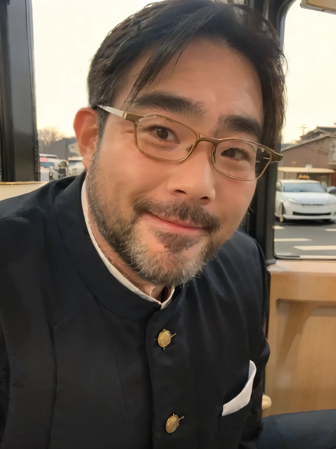 (Yossan), Man in a , 40 years old, gakuran, Gold Button,Glasses、beard、Black clothes、Black trousers、Old man、Thick eyebrows、smile、