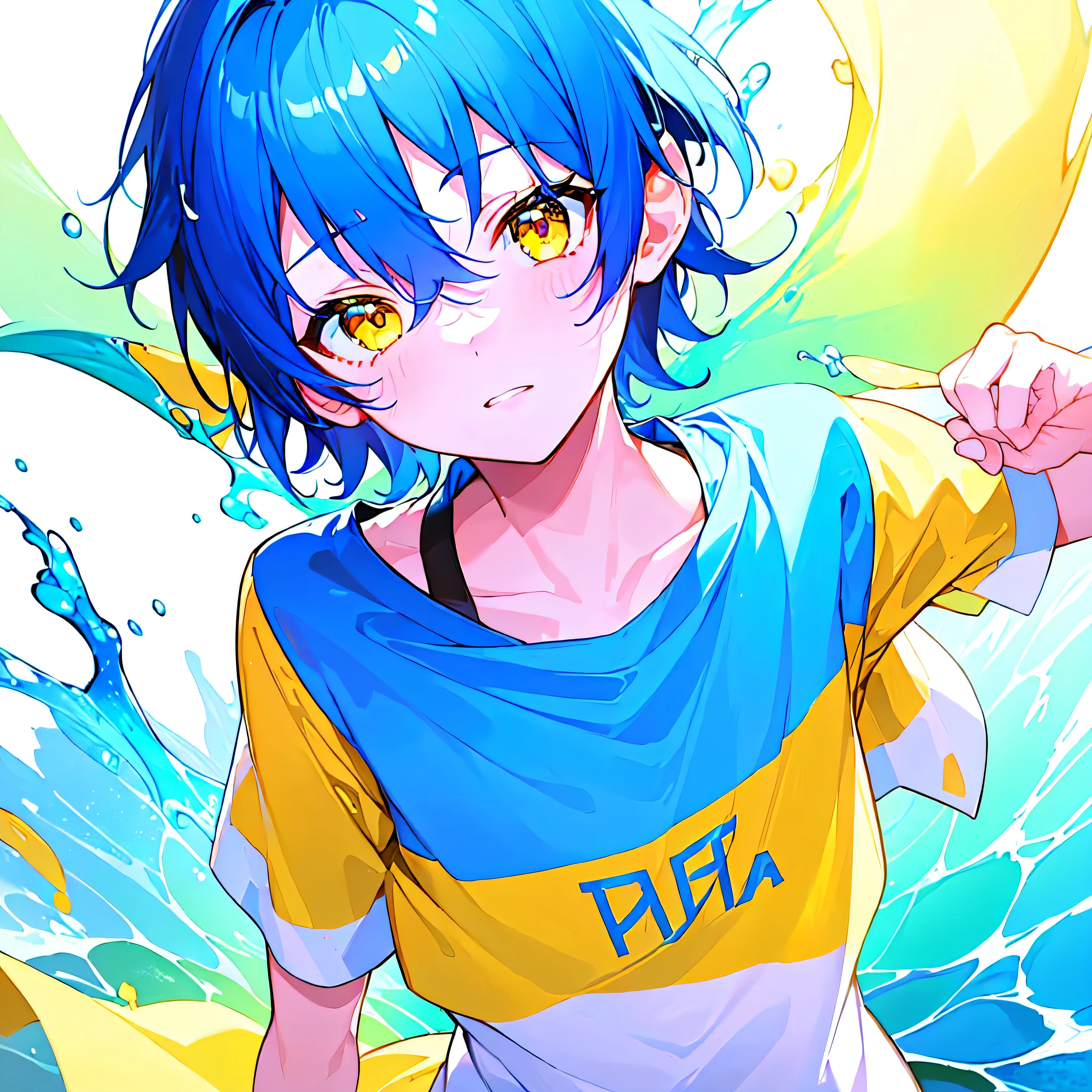 [(WHITE BACKGROUND:1.5),::5], ((((masterpiece)))), high quality, very_high_resolution, large_filesize, upper body, full color, ((Solo)), ((younger boy)), 13 old year, short deepblue hair, vivid color, ((yellow eye)), Summer clothes white, animestyle, (NeonSoda Splash effect:1.3)