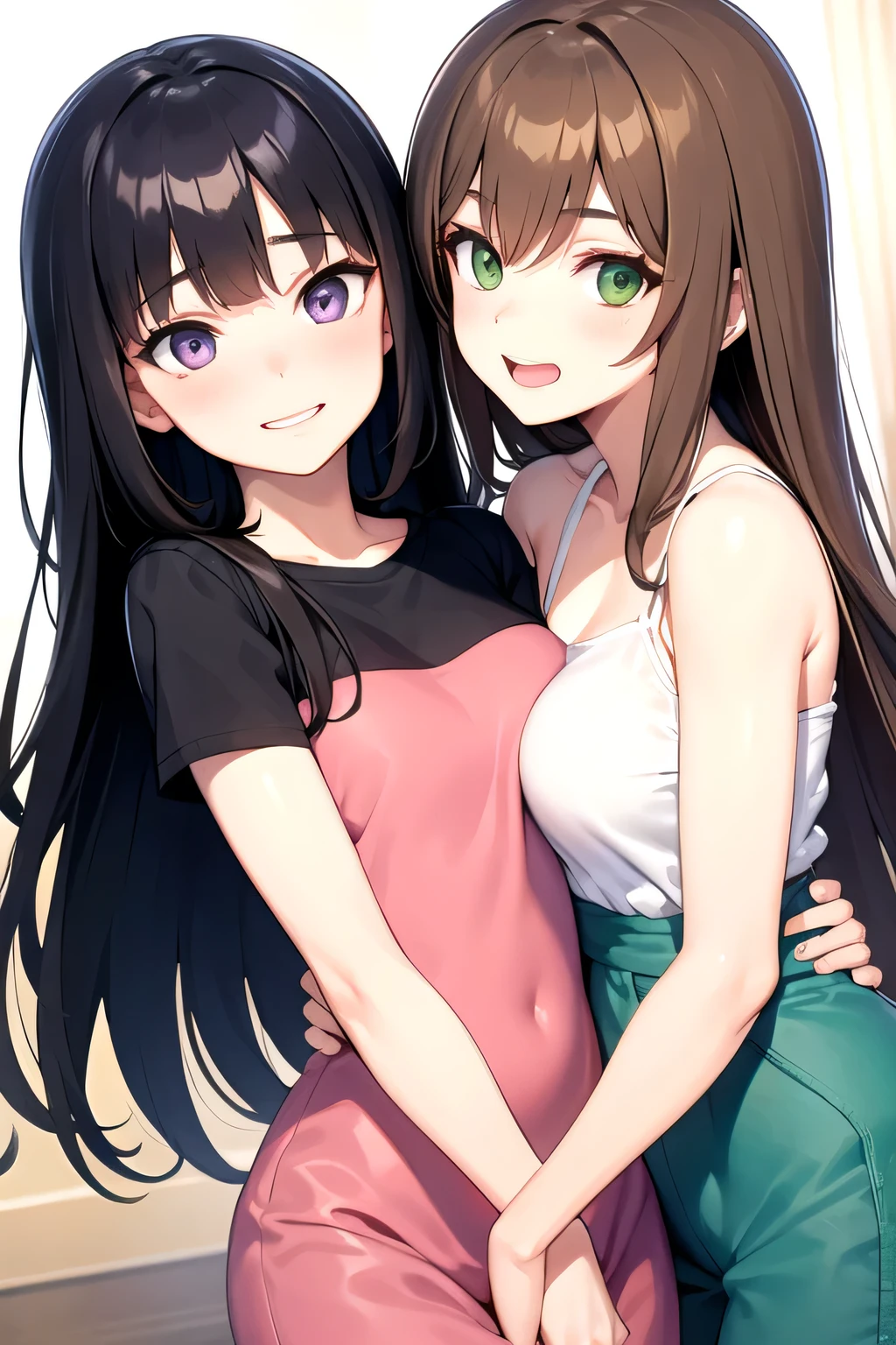Two girls are hugging, the first girl has long brown hair and green eyes, the second girl has black hair and purple eyes, they are wearing casual clothes. Their facial expressions were smiling