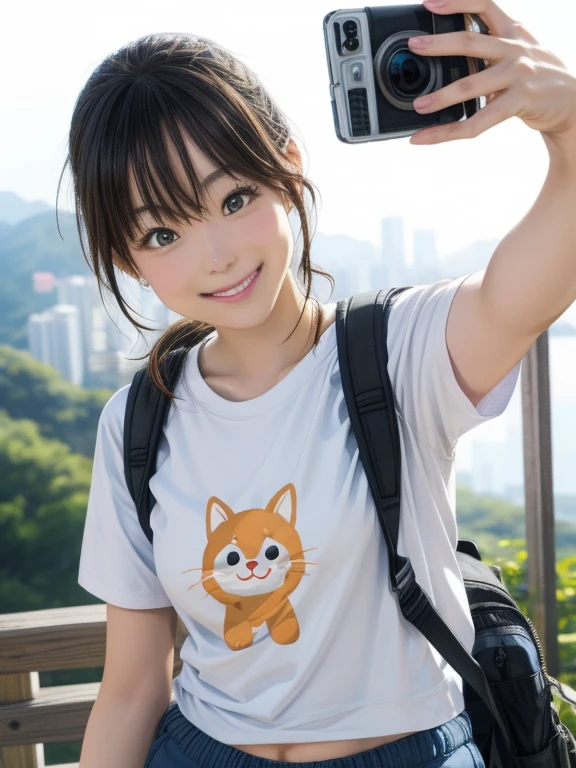 Live streaming YouTuber, Selfie, Cute Hong Kong girl captured on GoPro camera, オタクの聖地秋葉原の街並みをバックにSelfie, Wearing a T-shirt with a character on it, Hiker Style, Carry a backpack, smile, Sharp soft lighting, Fisheye Lens,