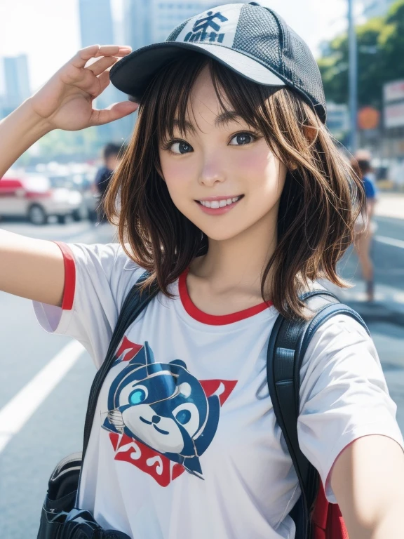 Live streaming YouTuber, Selfie, Cute Hong Kong girl captured on GoPro camera, オタクの聖地秋葉原の街並みをバックにSelfie, Wearing a T-shirt with a character on it, Hiker Style, Carry a backpack, smile, Sharp soft lighting, Fisheye Lens,