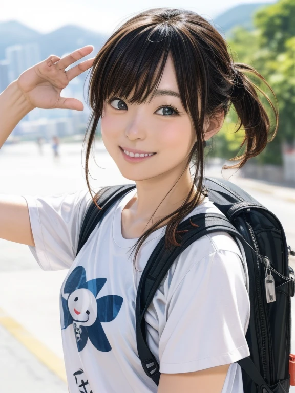 Live streaming YouTuber, Selfie, Cute Hong Kong girl captured on GoPro camera, オタクの聖地秋葉原の街並みをバックにSelfie, Wearing a T-shirt with a character on it, Hiker Style, Carry a backpack, smile, Sharp soft lighting, Fisheye Lens,