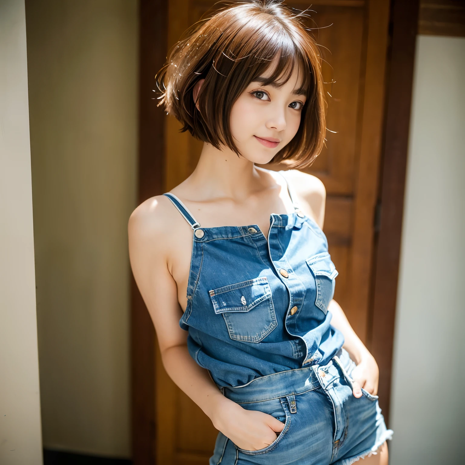 Best-quality, Masterpiece, Ultra-High-Resolution, (Photorealistic:1.4), Raw Photo, depth of field, professional lighting, perfect anatomy, extremely details, 1girl, Japanese idol, wearing white camisole and denim short shorts, at stairs, (upturned small-ass that wearing denim short shorts), (extremely cute face, ((extremely beautiful and extremely big eyes)), extremely beautiful short-cut-haired, extremely beautiful skins), realistic skin texture, extremely beautiful long-eyelashes, extremely beautiful lips, extremely beautiful thighs, looking back, innocent-smile