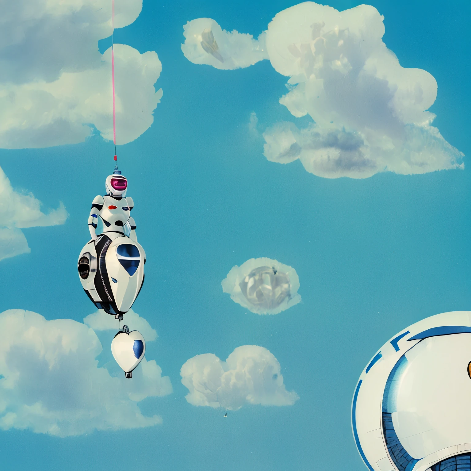 Woman in white futuristic sci-fi robotic armor lying inside a light blue heart-shaped balloon floating through the sky