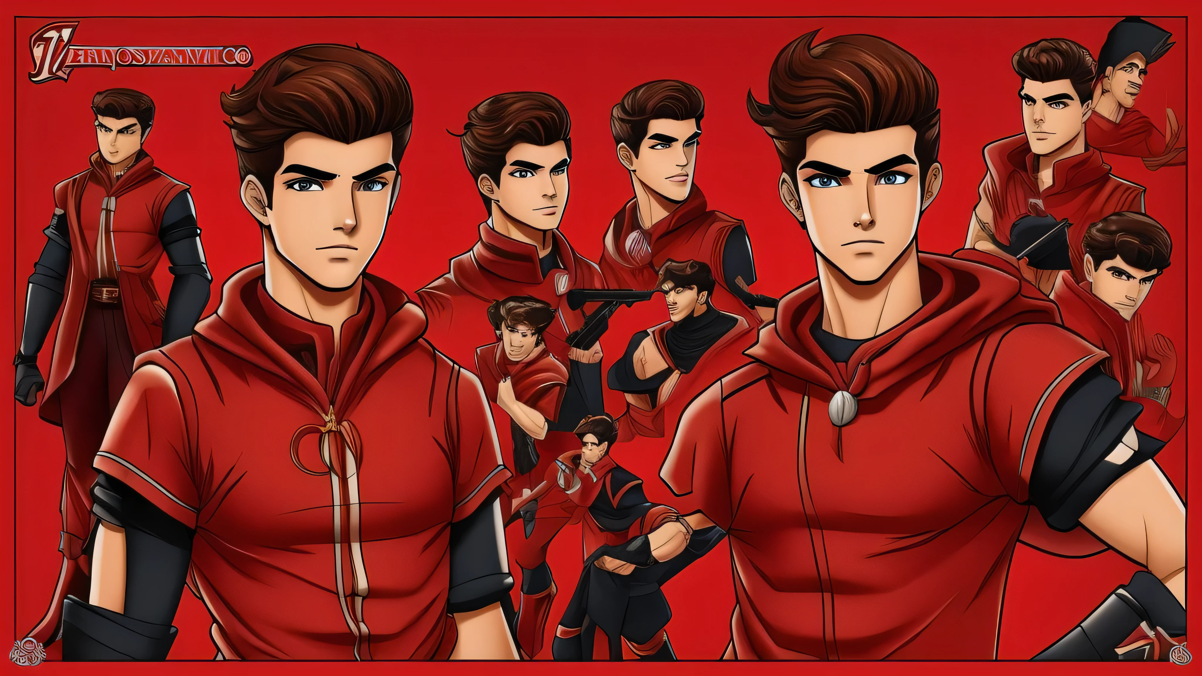 Personagem jovem de 17 anos masculino, moreno, cabelo preto, olhos castanhos quase vermelhos, roupa vermelha, jogo rpg cartoon