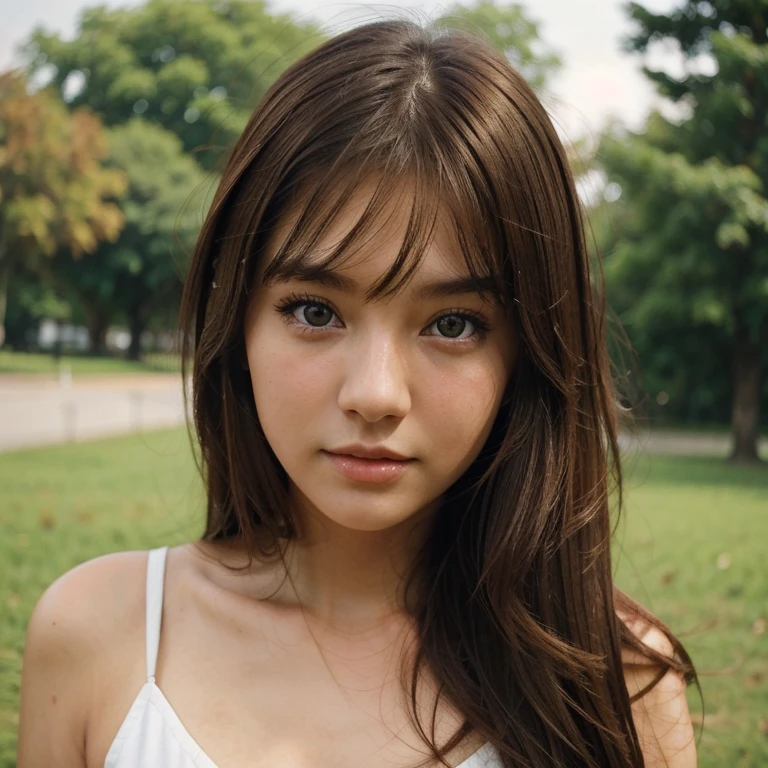 You have a girl with brown hair with greenish eyes with Asian and English features.