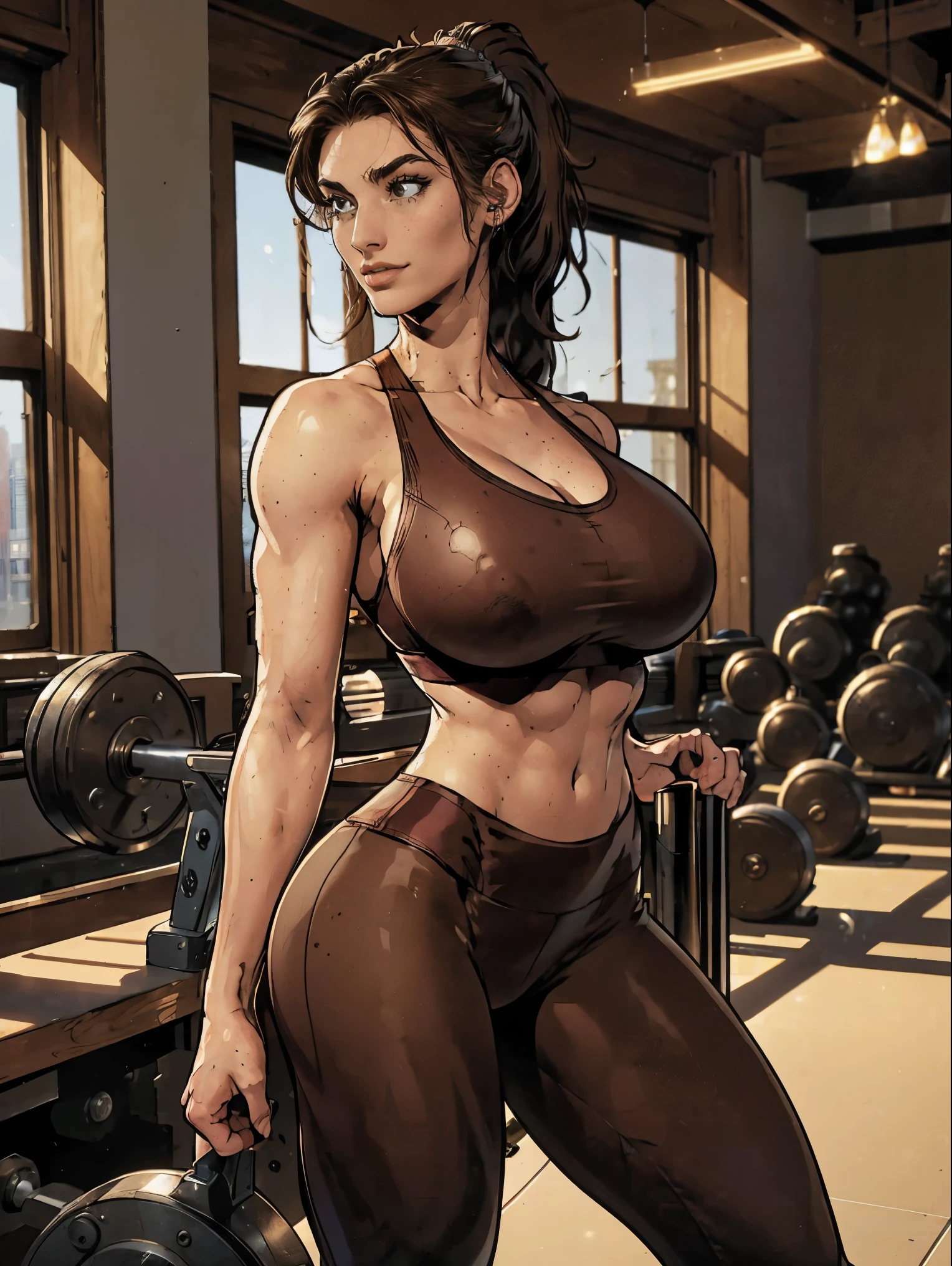 (masterpiece, top quality, best quality, official art, beautiful and aesthetic:1.2), (1girl:1.3), (gorgeous face), light freckles, fair skin, brown hair, extremely detailed, portrait, looking at viewer, solo, (full body:0.6), detailed background, close up, (airy modern theme:1.1), extremely busty gym girl, ponytail, big lips, arched back, flexing her bicep, charlatan, smirk, mysterious, sstanding in the gym, sports bra, leggings, headphones, wet, workout gear, weight machines, windows, modern gym, well-lit, thin and toned physique, gigantic breasts, cleavage, skindentation, slim waist, slim hips, long legs, modern (gym interior:1.1) background, dark mysterious lighting, shadows, magical atmosphere, dutch angle,