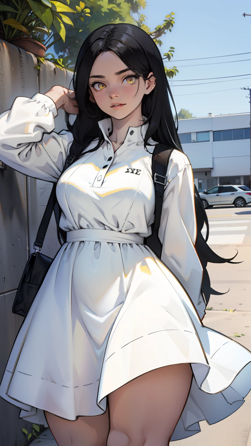 sundress long sleeve white dress girl muscular thick black hair yellow eyes pale skin
