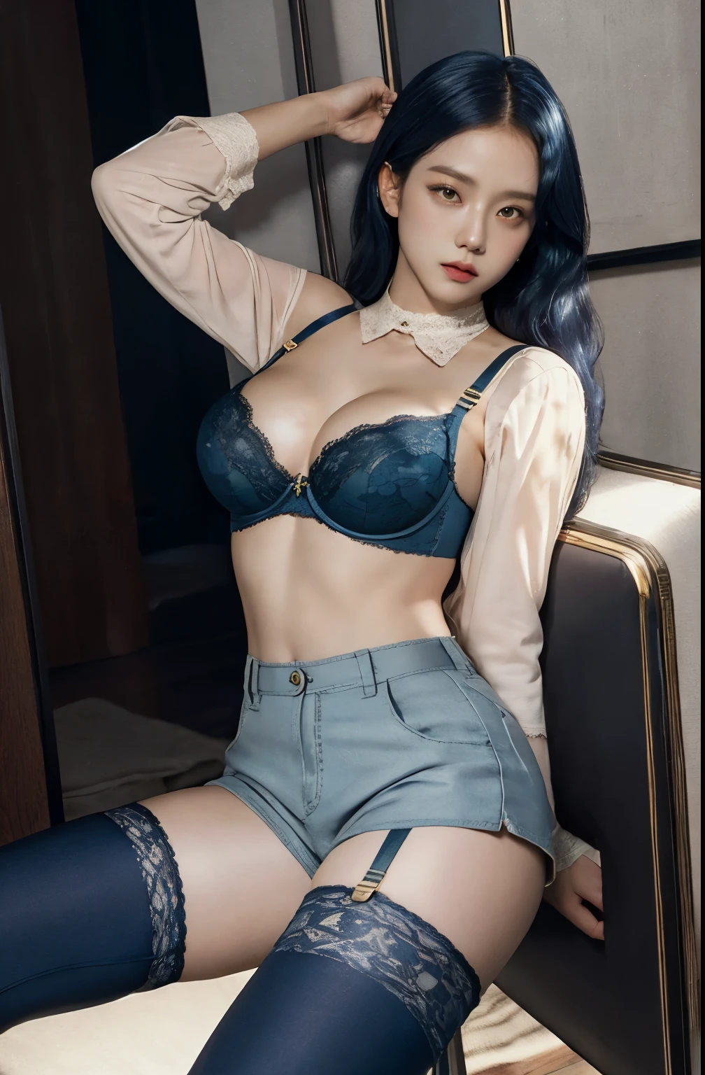 golden eyes, blue hair, short trousers, lace stockings with suspender, boots, deep neckline , bra, big breasts