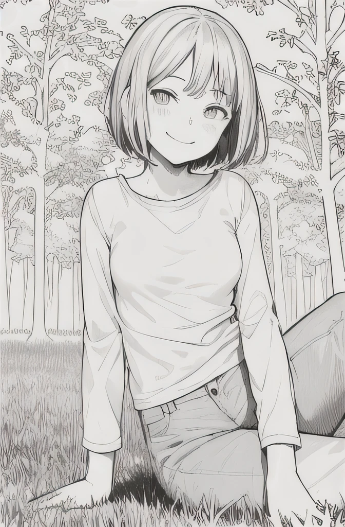 masterpiece, best quality, 1girl, 14 y.o girl, shorthair, breasts, beautiful eyes, white t-shirt with long sleeves, short pants, smile, forest, grass, looking at viewer, outdoors, lineart, monochrome,