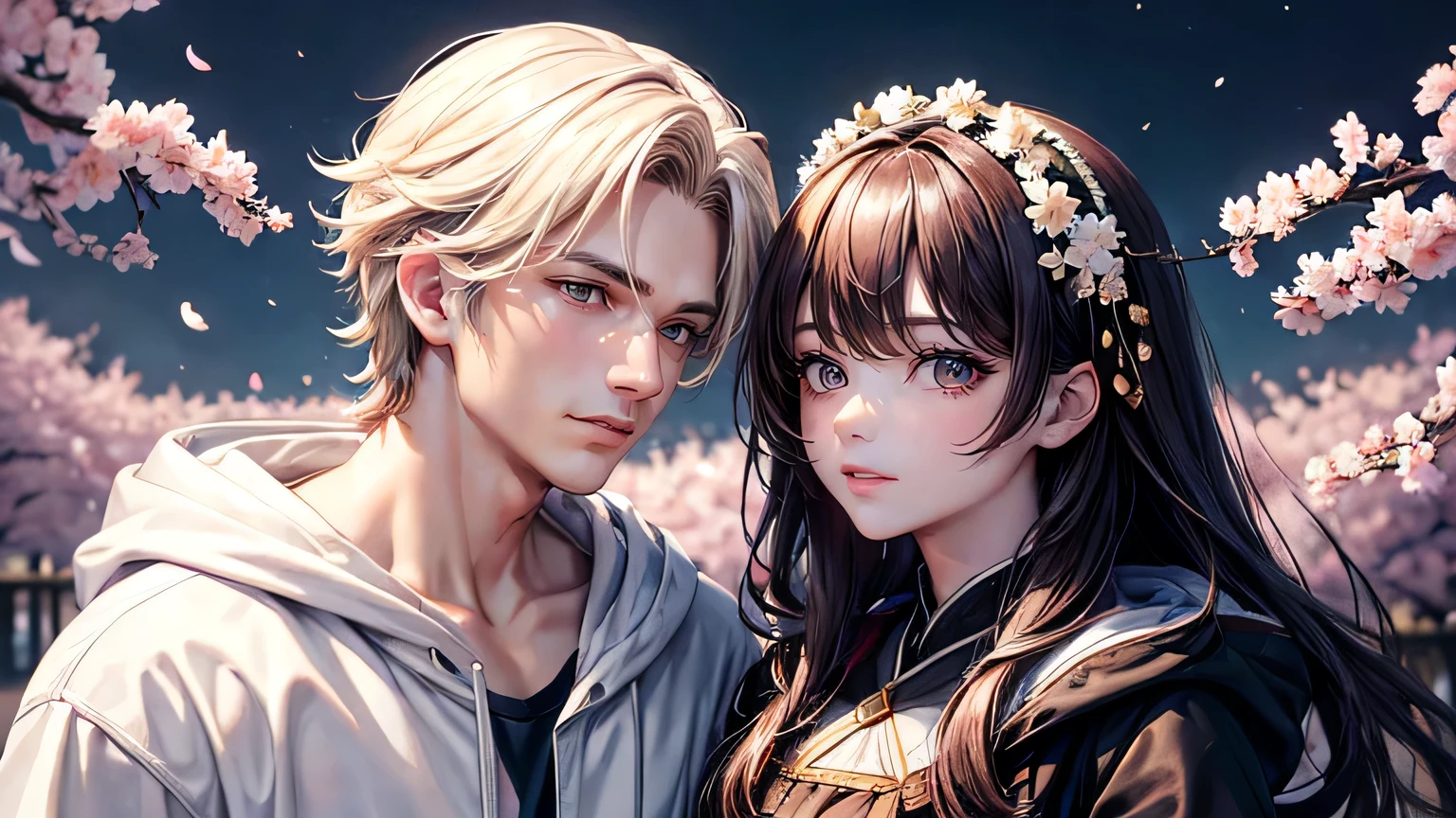 (oil, masterpiece, highest quality, Super detailed, Focus on the characters), A handsome man and a pretty woman looking at each other、cherry blossoms，Detailed hair depiction,([return:0.8]|[ face facing returnwards:1.1]), 
hoodie,([Night cherry blossoms tree-lined scenario:1.2]|[ ground:1.3]| [High Contrast:1.1])  