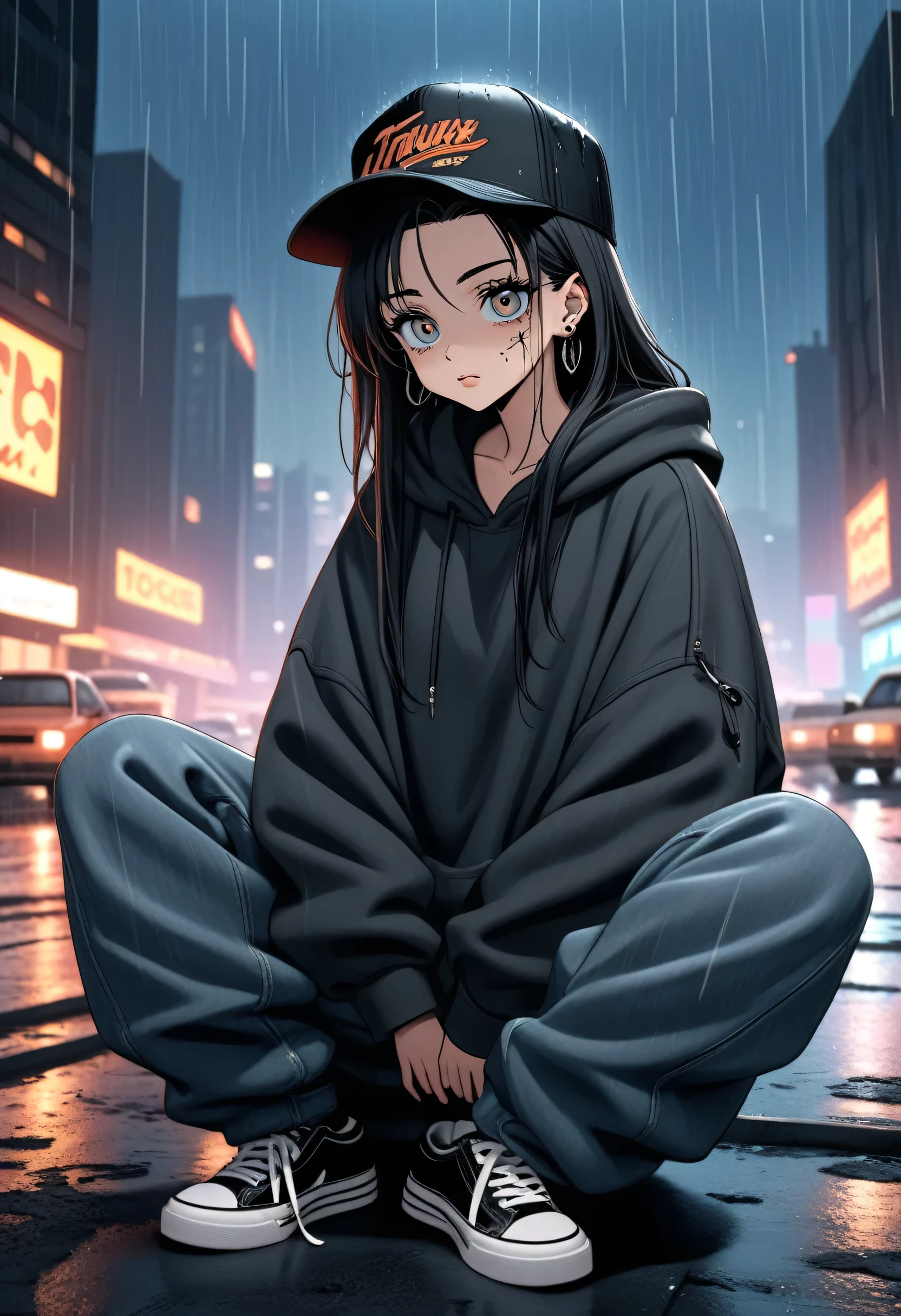 create a blank faded black washed hoodie, retro baggy, 90s, with a trucker hat on, beautiful female thin face, piercings on face, loose fit, baggy, pretty eyes, hoodie, sky scrapper night life in background, rain, sitting on ground legs crossed, hoodie jaw string tied in a knot, baggy jeans