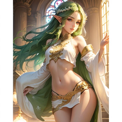 Final fantasy, Rydia, beautiful girl wearing skimpy robes, bare arms, bare legs, slender, pretty, crop top, exposed belly, a background in a glowing temple, magical orb, ivory walls of a mystical temple, swirling magic, church