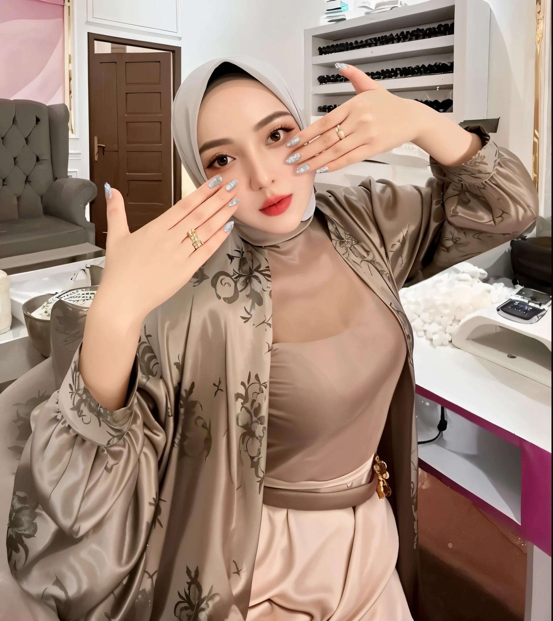 RAW photo of a 24 year old girl wearing hijab, satin abaya sexy sea foam , satin, hijab face portrait,((tp background)), 8k uhd, dslr, soft lighting, high quality, film grain, Fujifilm XT3, covered dress, patterned dress, gigantic breasts:1.5