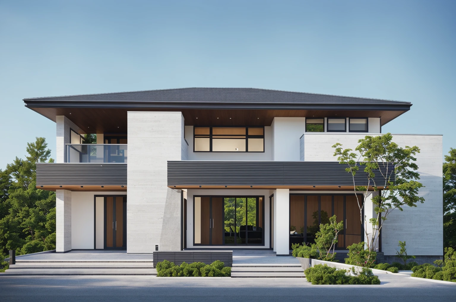 PLATFORM KTHOUSE, 1 morden villa, slope roof, main material of villa about build color wall:1.2 glass panel:1.1 and stone:1.2, 1large yard, 1 road runs in front of the house, (RAW photo, real, best quality, masterpiece:1.2), look morden minimalist, 1 road in front of the house, dynamic lighting:1.3, (hyper realistic, photo-realistic:1.2), high quality, (dark lighting:1.2), perfect lighting, archdaily, no human, light at 12 noon, light in door:1.2