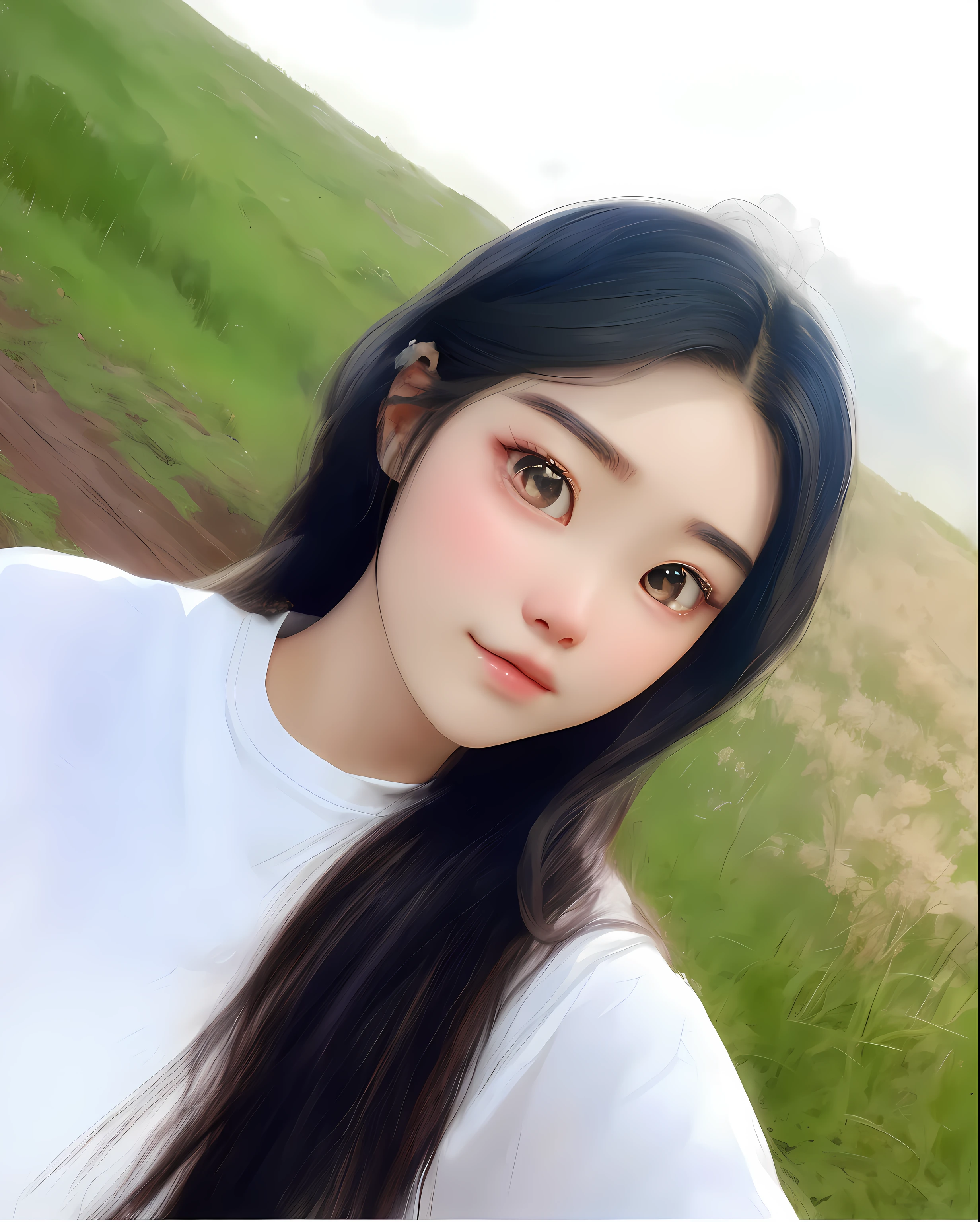best quality, cartoon_portrait, 1girl, solo, looking at viewer, there is a woman that is taking a selfie in the grass, gemma chen, xintong chen, louise zhang, wenfei ye, xision wu, a young asian woman, gongbi, young cute wan asian face, qifeng lin, leslie zhang, li zixin, chengyou liu, lulu chen, yun ling, pengzhen zhang, chinese girl