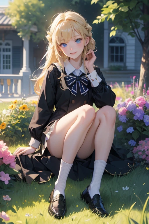 (8k, highest quality, Tabletop:1.2)、Ultra-high resolution、Ultra-detailed, 1 girl aged 15, Detailed face、smile, blue eyes, Blonde, Braid, White socks, Black Loafers, Black Sailor Suit, Striped panties, garden, flower bed, Sitting on the grass