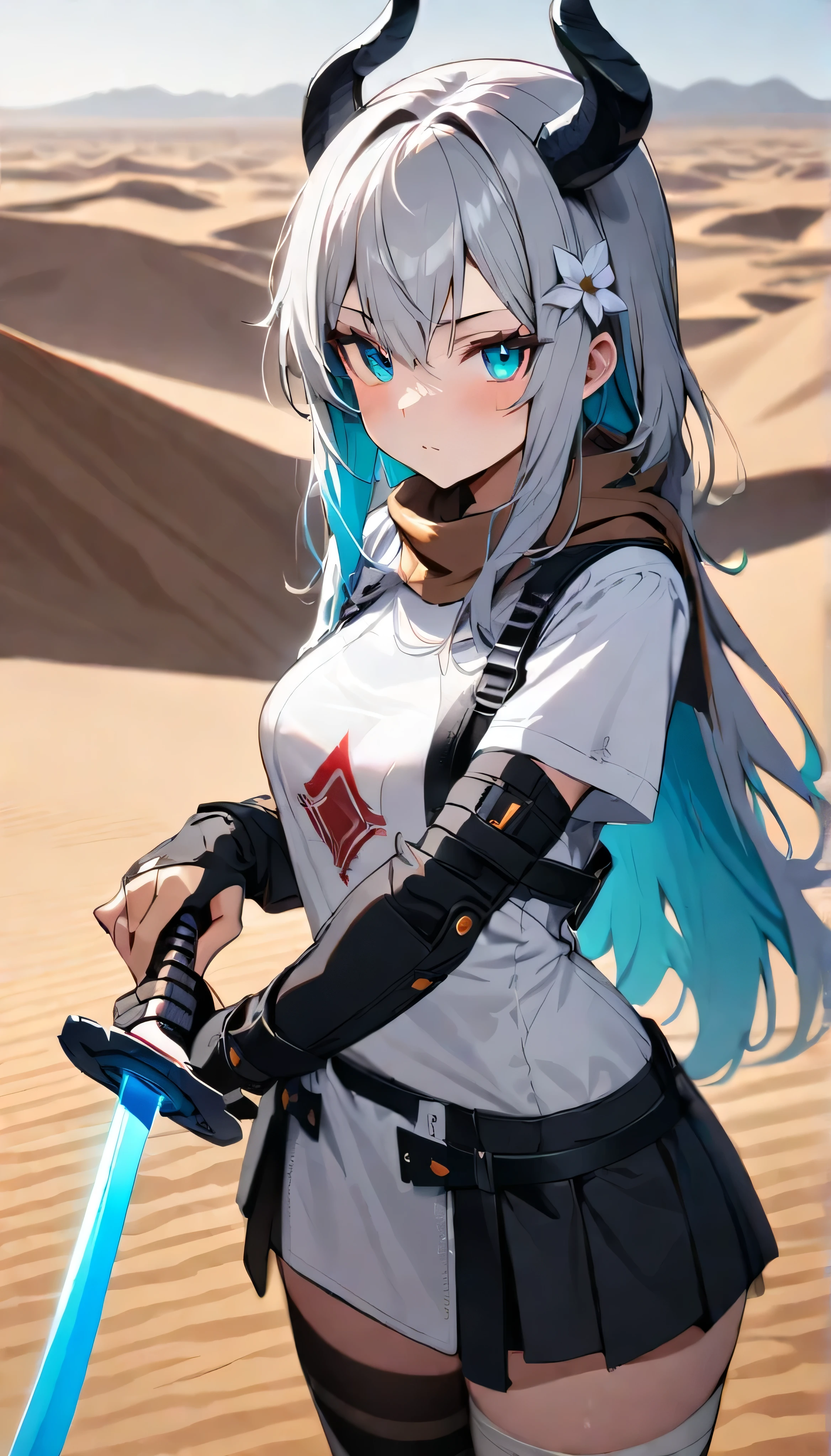 Resolution full, best quality, masterpiece, full HD, beautifull girl, foggy theme, super detailed, 1girl, cute girl, long hair, multicolor hair, grey hair. Aqua inner hair, grey haired deity, perfect grey haired, white flower hair ornament, dragon horns, detailed beautiful cyan eyes, white T - shirt. Short black skirt, brown scarf, solo, bandage legs, bandage hands, (sword, gir holding sword). focus at girl. Badass scene. in desert. Columbus cloud, piramid, Depth of field.