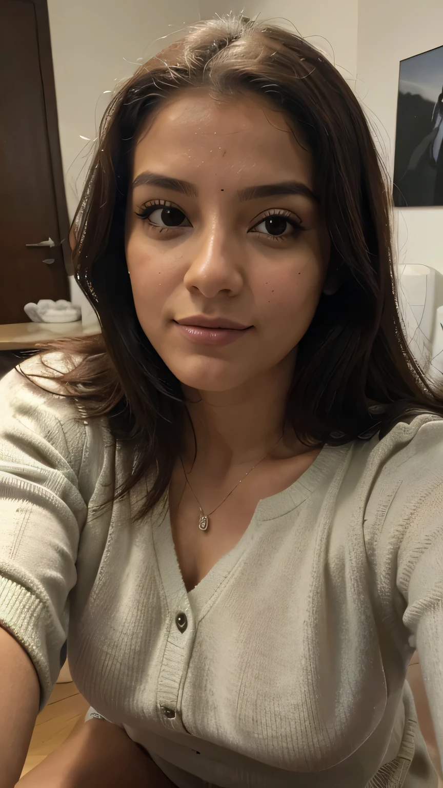 fotorrealista, melhor qualidade, hiper detalhado, Mulher bonita, cabelo castanho, pele branca, olhos castanhos, boca carnudo e rosto marcando, nariz fino e delicado. Corpo midsize, foto selfie, tronco, Sozinho, wearing pullover pajamas , (noite) olhando para o espectador, textura da pele, fechar-se, ultra high resolution, melhor sombra, CRU