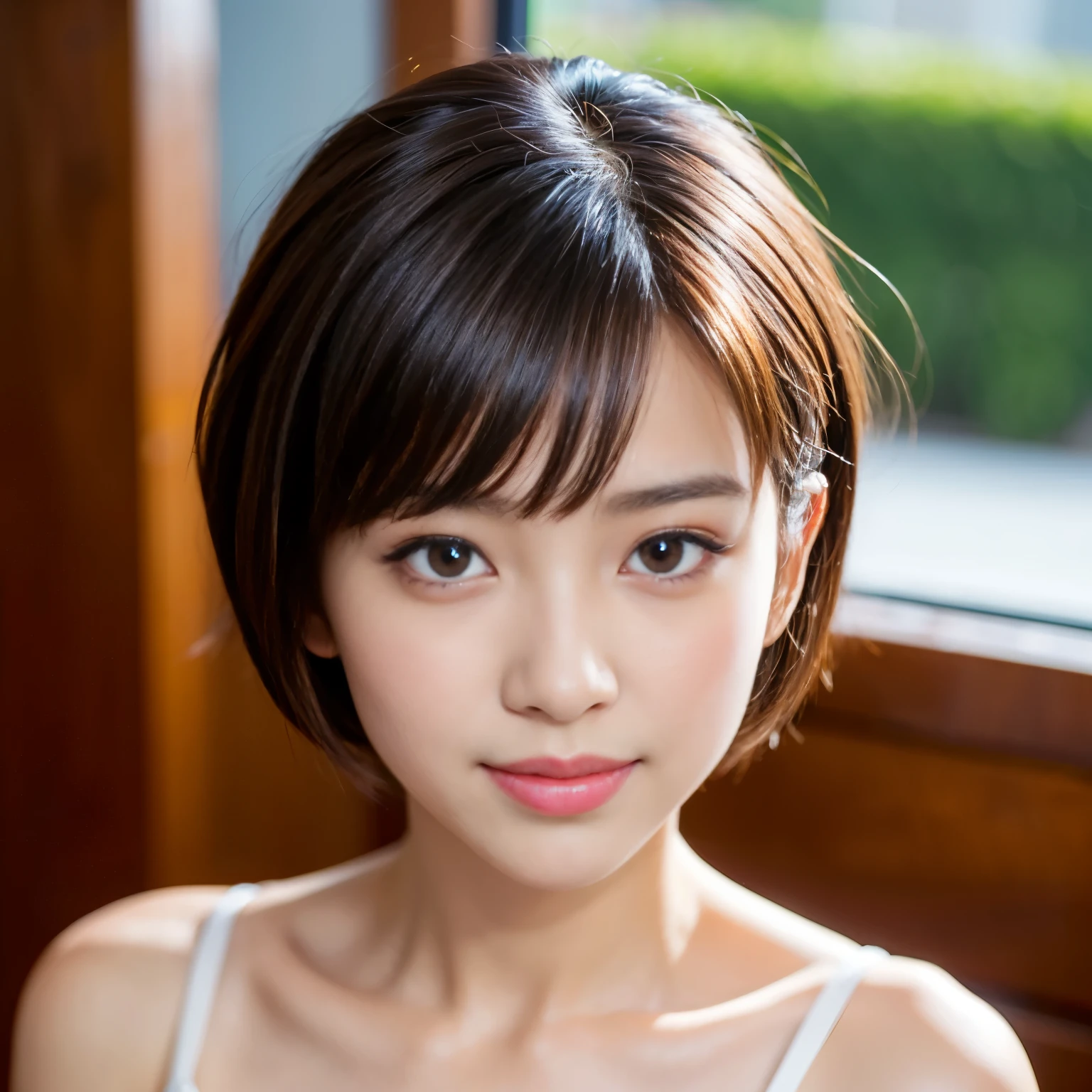 Best-quality, Masterpiece, Ultra-High-Resolution, (Photorealistic:1.4), Raw Photo, depth of field, professional lighting, perfect anatomy, extremely details, 1girl, Japanese idol, at office, (extremely cute face, ((extremely beautiful and extremely big eyes)), extremely beautiful short-cut-haired, extremely beautiful skins), realistic skin texture, extremely beautiful long-eyelashes, extremely beautiful lips, looking at viewer, innocent-smile