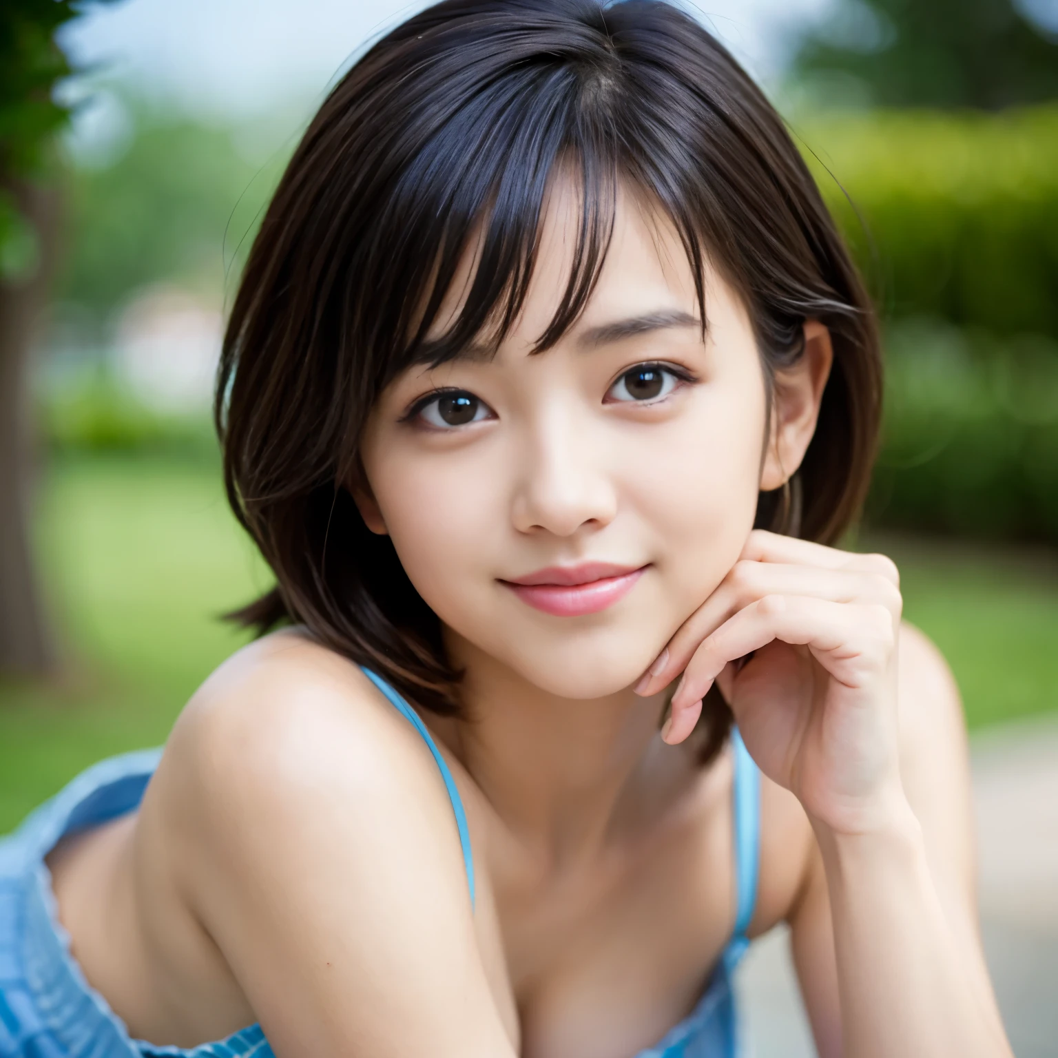 Best-quality, Masterpiece, Ultra-High-Resolution, (Photorealistic:1.4), Raw Photo, depth of field, professional lighting, perfect anatomy, extremely details, 1girl, Japanese idol, at office, (extremely cute face, ((extremely beautiful and extremely big eyes)), extremely beautiful short-cut-haired, extremely beautiful skins), realistic skin texture, extremely beautiful long-eyelashes, extremely beautiful lips, looking at viewer, innocent-smile