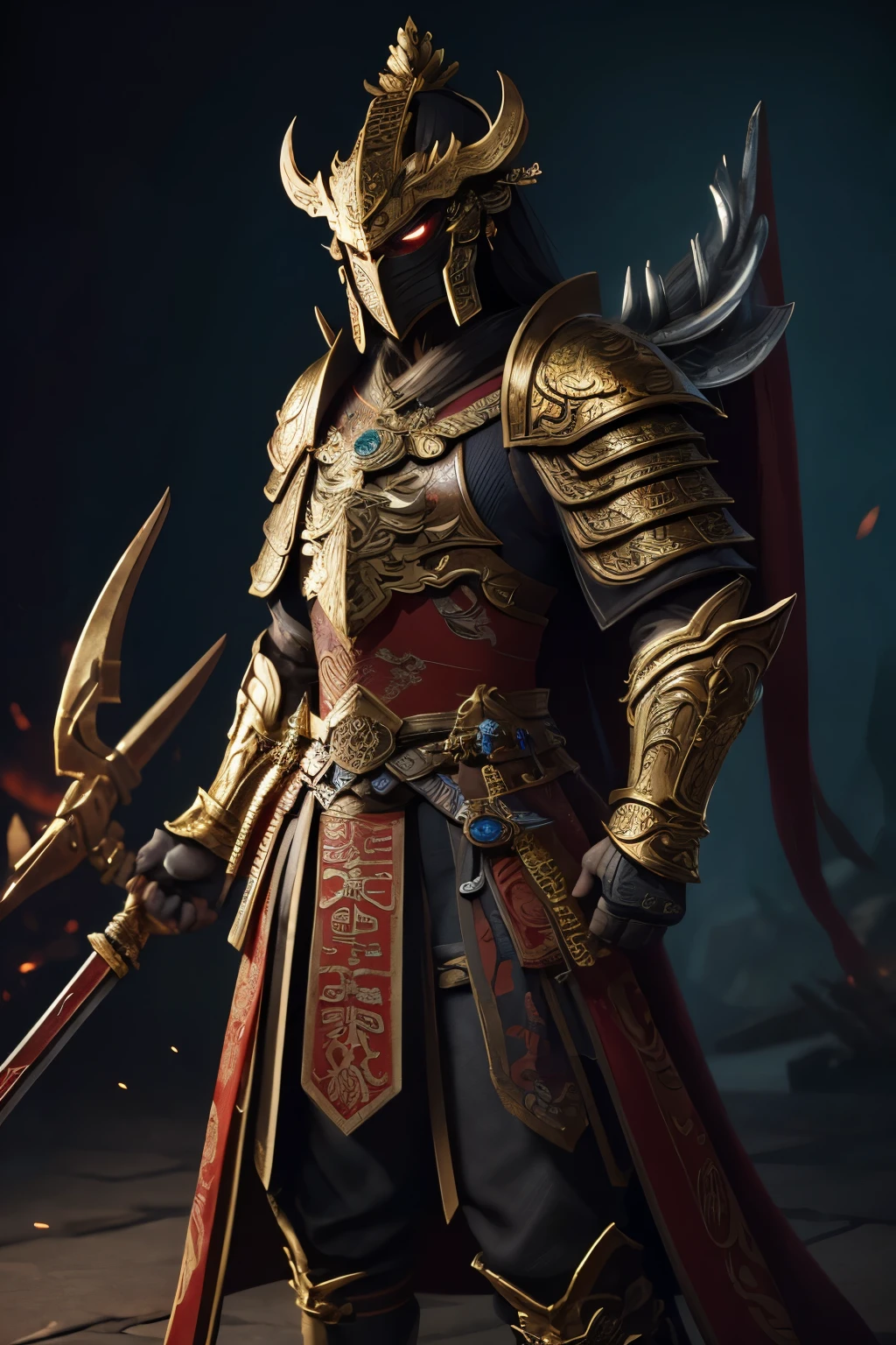 (8K) (Artstation is very detailed), ancient Chinese armor, wearing masks and armor characters, epic battle scenes, with Chinese dragon patterns on the dark parts of the armor, gold armor, and rich details in the characters' dark parts. The background is a Chinese fantasy scene, fantastic, and colorful