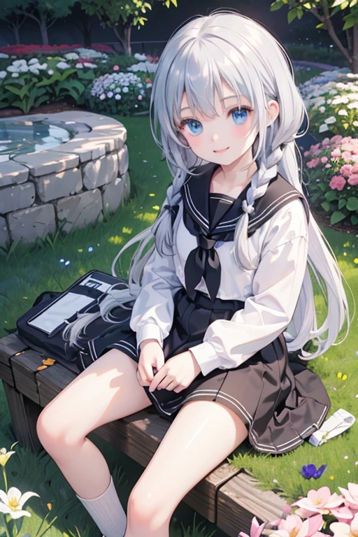 (8k, highest quality, Tabletop:1.2)、Ultra-high resolution、Ultra-detailed, One ****************, Detailed face、smile, blue eyes, Silver Hair, Braid, White socks, Black Loafers, Black Sailor Suit, White panties, garden, flower bed, Sitting on the grass