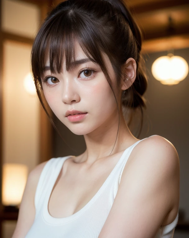 best quality, face focus, soft light, ultra high res (photorealistic:1.4), RAW photo,
1japanese girl, solo, cute, (pupil, lights in the eyes),  detailed beautiful face, (medium chest),(high-resolution detail of human skin texture),
(ponytail hair), (sidelock bangs)
indoor,
white T-shirt,
(Portrait)