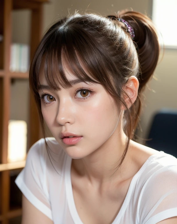 best quality, face focus, soft light, ultra high res (photorealistic:1.4), RAW photo,
1japanese girl, solo, cute, (pupil, lights in the eyes), detailed beautiful face, (medium chest),(high-resolution detail of human skin texture),
(ponytail hair), (sidelock bangs)
indoor,
white T-shirt,
(Portrait)