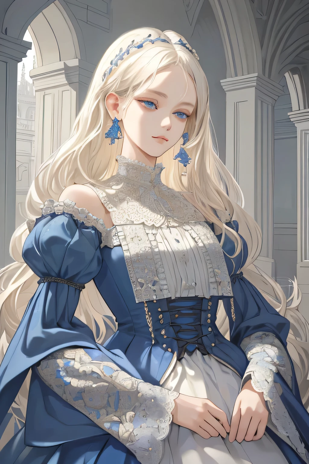 (extreamly delicate and beautiful:1.2), 8K,(masterpiece:1.0),(best_quality:1.0), 1 girl, and intricate detailing, Enlarged textures, and intricate detailing, finely eye and detailed face, and intricate detailing, shiraga, platinum blonde curls long hair, (closed mouths), Perfect eyes, Equal eyes, carolina eyes (A famale god) with blue palladio dress