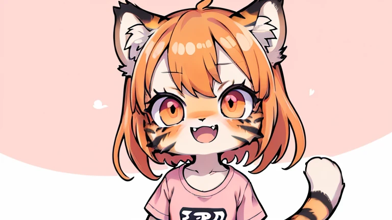 (masterpiece, High quality, Best quality, 8k, High resolution), ((chibii style, chibi cute)), (solo, 1 kid girl), {tiger girl, tiger face, 2 fangs, long eyelashes, eyeliner} {tiger whiskers}, (((Tiger skin all over the body, Tiger stripes on the body))), (orange hair), short hair, hair clip, [[hair clip white flower on hair]], ((very happy)), ((open mouth)), orange eyes, [black pupile], ((looking up)), (very small breasts), thin arms, (one Arm up, one arm down), armpits, ((mini pink T-shirt, full pink T-shirt)), {white shorts}, {{{mini tiger Tail, Tail on the back}}}, (full body), (((standing, jumping chopped angle))), dynamic pose, white background, simple background, ((((Tora-chan no Hanayome style)))), (old anime 40s style), anime style, anime color.