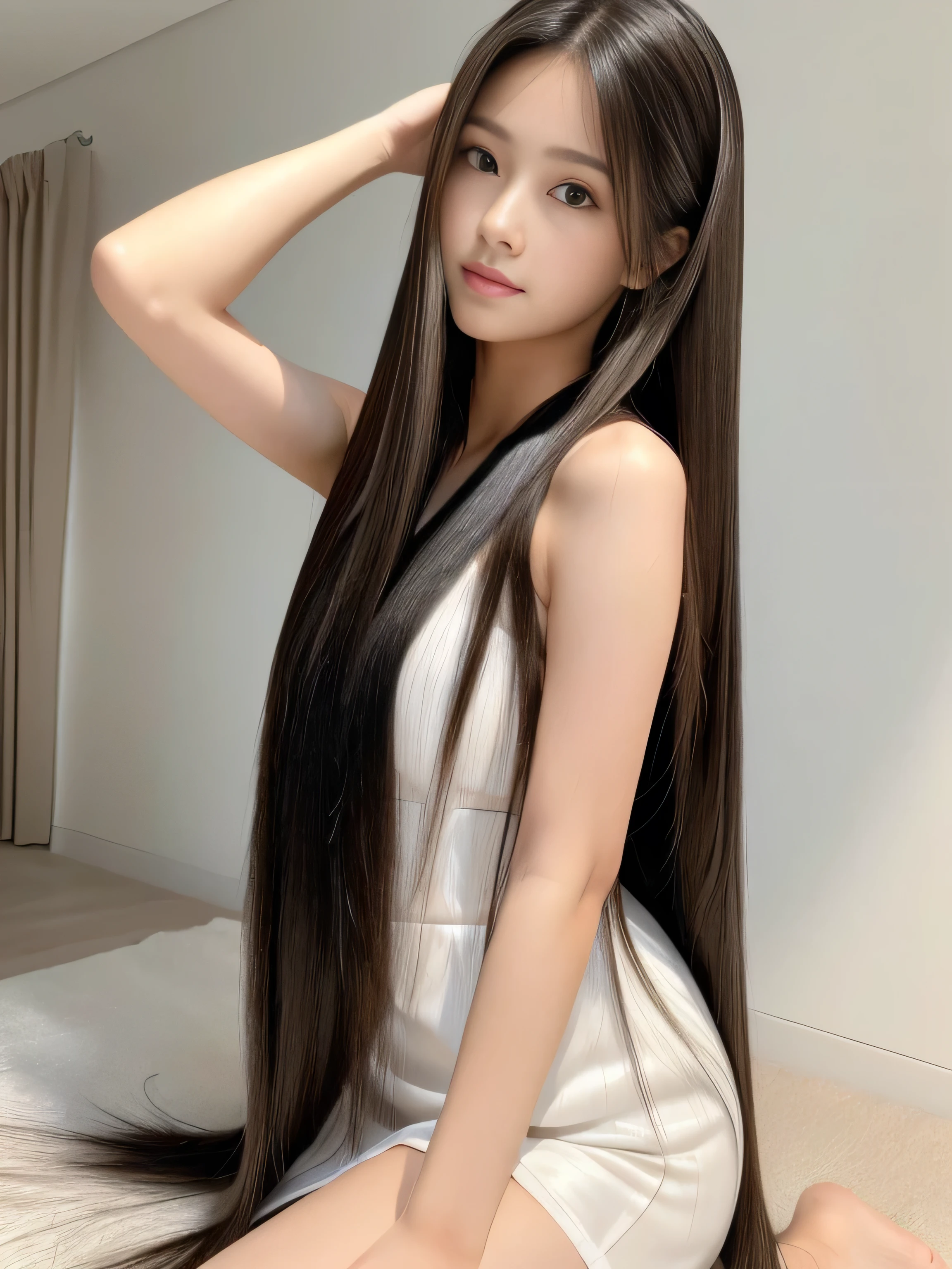 　(Upper Body Shot:1.1)　(She is in a random standing pose, showing off her back and hair to the viewer, in a room with white walls and white decor)　((highest quality)), ((masterpiece)), (Familiar), (Get used to it)　(Reaches up to the kneeVery long hair　highest quality　Highest detail　Reaches up to the knee、Very long hair that lasts forever:1.3　Flowing Hair　私ncredibly straight hair　Very shiny and thick hair　Abnormally long hair that lasts forever　Flowing Hair on both ends　long hair up to the knees:1.2　long hair up to the knees:1.2　Thick and shiny hair　Very free hair　Abnormally long hair!!!!!　Beautiful silky hair　　Beautiful and shiny hair　Beautiful and shiny hair　Beautiful silky hair　Hair that grows to the knees　Very very, Very long hair!!!!!　Very very, Very long hair!!!!!)　(highest quality　The best ultra-fine　Reaches up to the knee、Very long hair that lasts forever　Flowing Hair　Her hair is gently permed　Very shiny and thick hair　Abnormally long hair that lasts forever　Flowing Hair on both ends　long hair up to the knees:1.2　long hair up to the knees:1.2　Thick and shiny hair　Very free hair　Abnormally long hair!!!!!　Beautiful silky hair　Super long hair down to the knees　Beautiful and shiny hair　Beautiful and shiny hair　Beautiful silky hair　Hair that grows to the knees　Very very, Very long hair!!!!!　Very very, Very long hair!!!!!)　(She is the most beautiful 18-year-old hair model in Japan...)　Perfect Woman&#39;face　(She has a typical Japanese build and skin color..., Her skin is very high quality and ultra high definition.、very beautiful and glowing skin)　(Large Breasts)　(Her face is dignified and sexy)（She achieved her sexy look with the help of a professional makeup artist.。...　Lipstick is natural red　The eyeliner is a beautiful black)　(Her hair is black, light brown, blonde, Red-brown, Dark Green, or dark blue..)　(Surreal photos by professional photographers :1.2)　(She is wearing a beautiful blue silk camisole dress. :1.2)　((Her bangs are completely cut off.))　(She has a typical Japanese build and skin color　Her skin is very delicate and sensitive..、and、Such beautiful and radiant skin)　(Her face is long, Small eyes and nose.、Narrow-mouthed　and the most beautiful)　(Japanese Solo Photos&#39;The most beautiful 28 year old women)　　((Rich 1.4))　(Extremely detailed 8K)　(Ultra-fine skin texture 1.4)　(Actual, Vibrant:1.4), 　Sharp focus:1.2、Beautiful woman:1.4　Dynamic Lighting　(Genuine RAW photos taken by professional photographers)　very beautiful and glowing skin)　(Excessive breasts)　(Her face is long, Eyes and nose)　Lipstick is natural red　The eyeliner is a beautiful black)　(Her hair is deep black) 　(Surreal photos by professional photographers :1.2)　