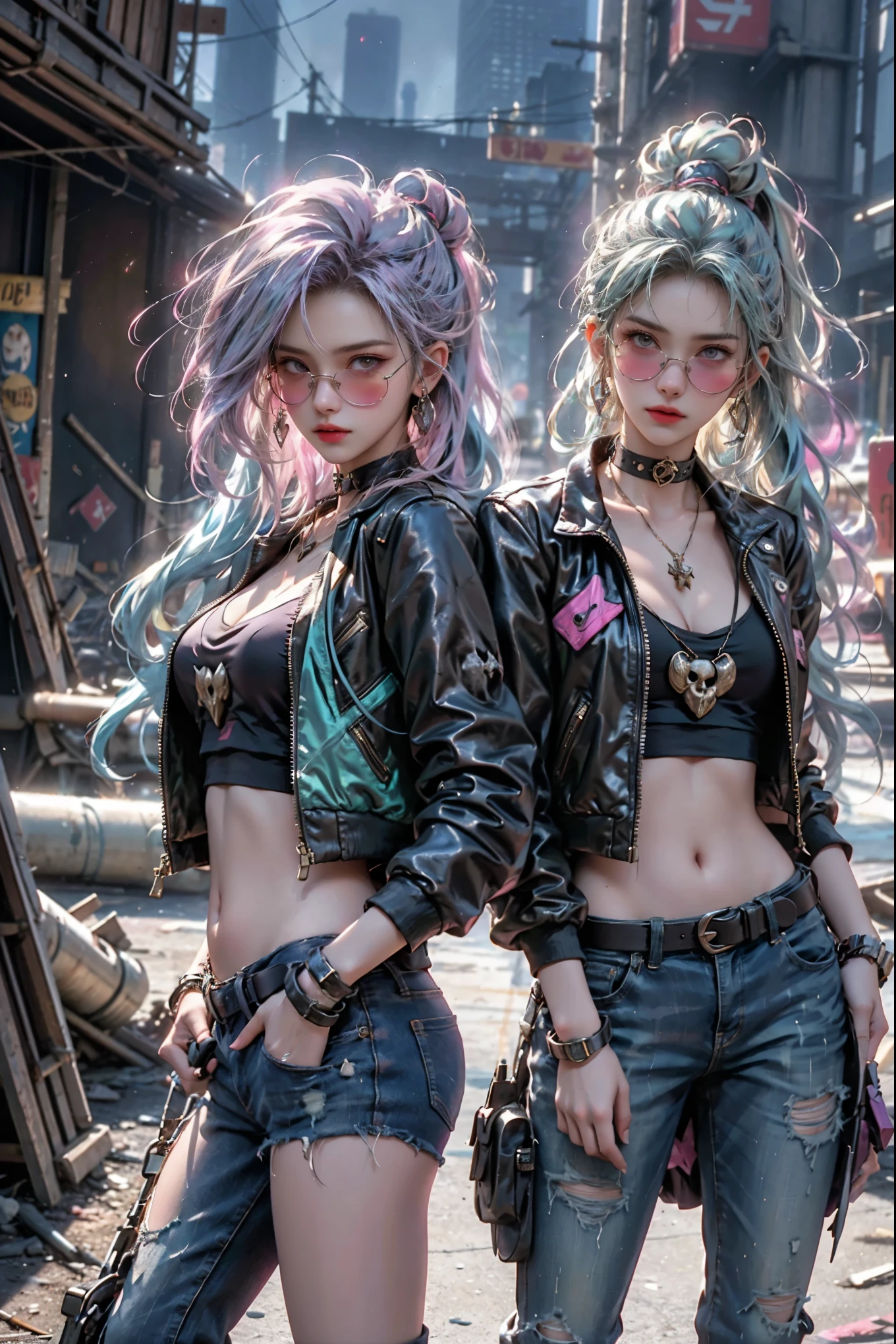 A striking and futuristic cyberpunk 2077-inspired scene captures two captivating characters in a gritty urban setting. The young woman, with her vibrant rainbow hair, pink sunglasses, and eye-catching jacket, gazes intently into the distance while clutching a mysterious device in her hand. Standing beside her, an older man with striking blue-green hair and a colorful beard, dons sunglasses and nonchalantly smokes a cigarette. The weathered wall behind them is adorned with an eclectic mix of skulls, a circular mirror, and other intriguing objects. The characters' cybernetic enhancements and metal fusions create a blend of modern technology and rustic charm. Their revealing clothing adds to the overall atmosphere of intrigue and allure. the woman has ample bosom and hips while the male is well built.
