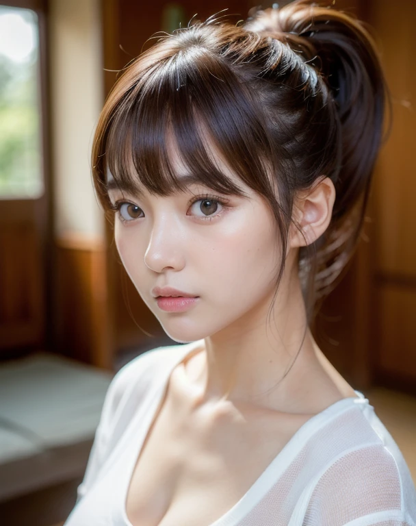 best quality, face focus, soft light, ultra high res (photorealistic:1.4), RAW photo,
1japanese girl, solo, cute, (pupil, lights in the eyes), detailed beautiful face, (medium chest),(high-resolution detail of human skin texture),
(ponytail hair), (sidelock bangs)
indoor,
Black T-shirt,
(Portrait)