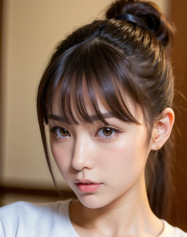 best quality, face focus, soft light, ultra high res (photorealistic:1.4), RAW photo,
1japanese girl, solo, cute, (pupil, lights in the eyes), detailed beautiful face, (medium chest),(high-resolution detail of human skin texture),
(ponytail hair), (sidelock bangs)
indoor,
Black T-shirt,
(Portrait)