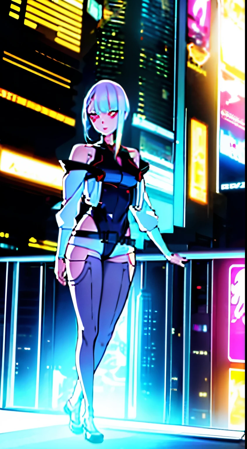 Masterpiece , 4k , great illumination ,Lucyna kushinada , in neon city , in skyscraper, short hair , white hair , beautiful glowing eyes , gorgeous, smile , high quality , highly detailed body , highly detailed expression, in a neon city, full body view, full body