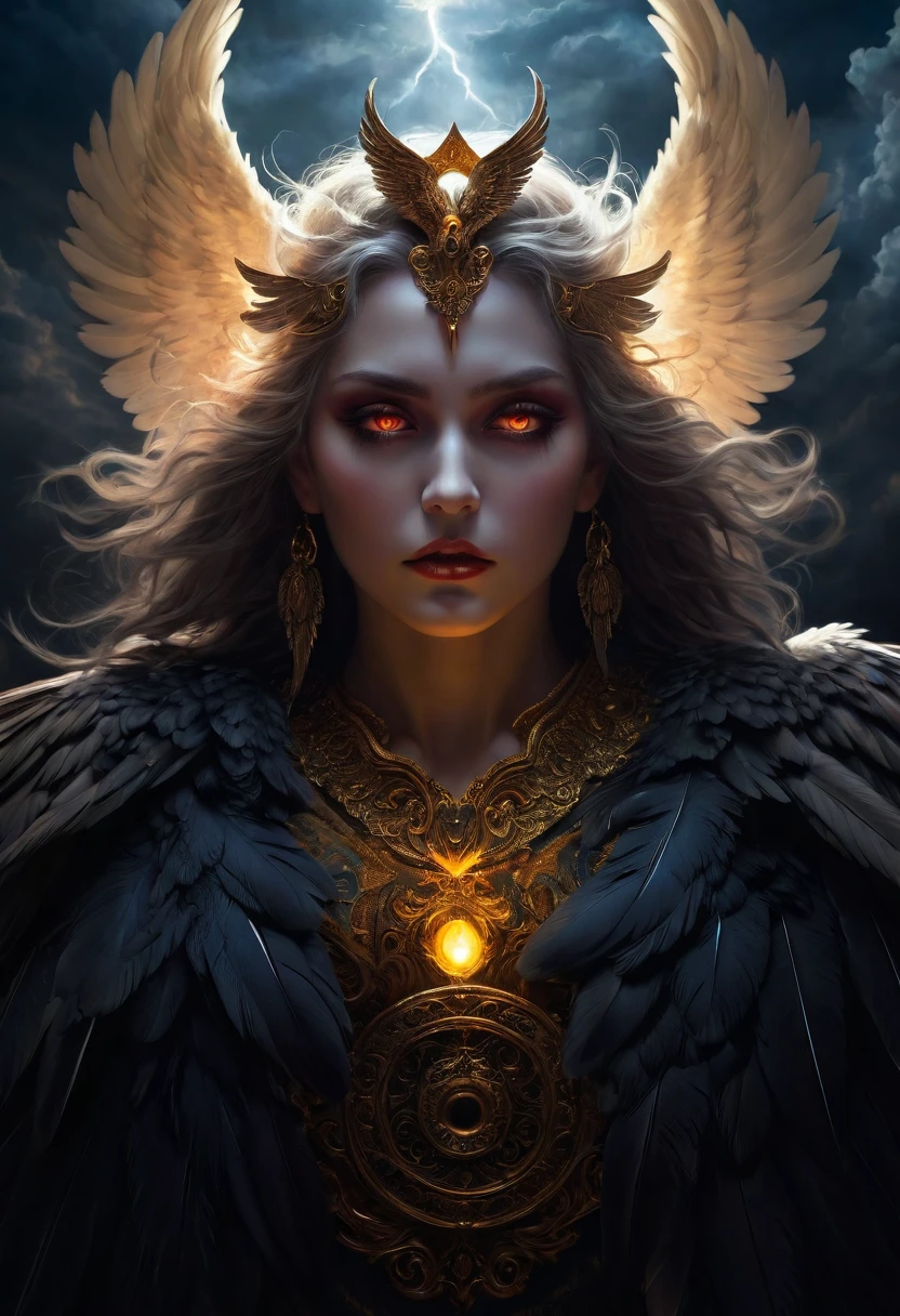 tarot card, (best quality,4k,8k,highres,masterpiece:1.2),ultra-detailed,realistic:1.37,epic art,colorful scary angel,(Apterus:1.5),oil painting,angry eyes,dark wings,vibrant colors,mysterious background,heavenly atmosphere,glowing halo,intense emotions,expressive brushstrokes,haunting presence,ethereal beauty,foreboding shadows,ominous lighting,dramatic composition,demonic features,sharp and detailed feathers,distinctive textures,contrast between light and dark,awe-inspiring,otherworldly,divine,fantasy theme,mythological creature,impressive wingspan,dynamic pose,ominous clouds,fallen angel,intricate details,captivating,unforgettable,visually stunning