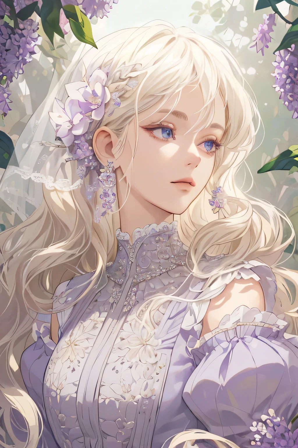 (extreamly delicate and beautiful:1.2), 8K,(masterpiece:1.0),(best_quality:1.0), 1 girl, and intricate detailing, Enlarged textures, and intricate detailing, finely eye and detailed face, and intricate detailing, shiraga, platinum blonde curls long hair, (closed mouths), Perfect eyes, Equal eyes, carolina eyes (A famale god) with lilac flower dress