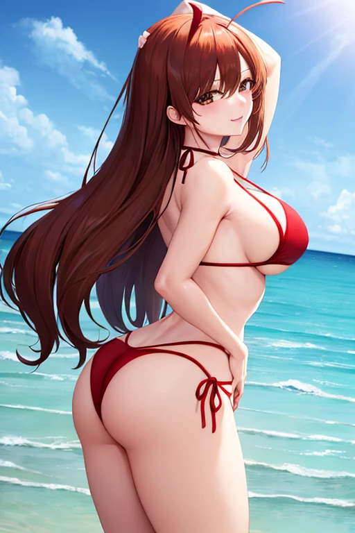 masterpiece, best quality, beautiful art, high resolution, well formed hands, body and fingers, 1 woman, solo, YotsubaNakano , grown up, long hair, adult, big breasted, cleavage, hair ribbon, wearing a Tyris Flare outfit, full body, sexy and skimpy bikini, gorgeous legs and thighs , dancing seductively and erotically, turning backwards and forwards, showing her back and front, showing her butt, t -back, bikini thong, smiling joyfully, looking at the viewer, flirting, beach environment